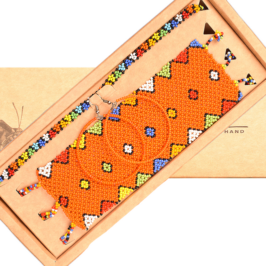 African Jewelry Set For Women- Handmade Orange Bracelets, Boho Anklet & Hoop Earrings - Colorful Beaded Bracelet Set - KaateCraft