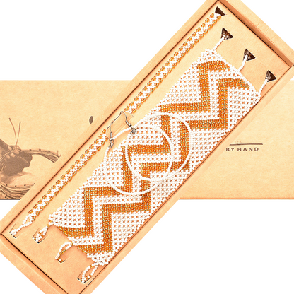 White and Gold African Jewelry Set For Women - Handmade String Bracelet, Anklet & Hoop Earrings – Durable Boho Design - KaateCraft