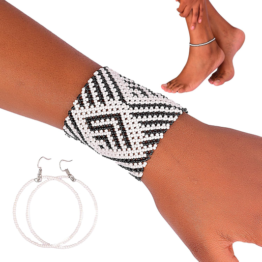 Black and White African Jewelry For Women Set - Handmade Bracelets, Anklet & Hoop Earrings for Women – Adjustable Beaded Design - KaateCraft